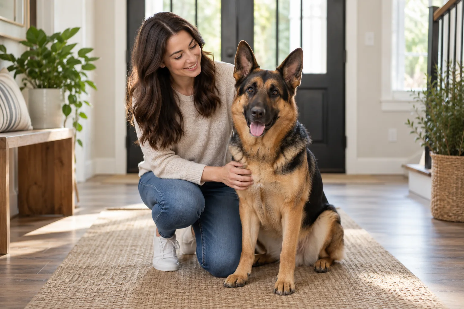 Owner kneeling beside a large dog in a bright home