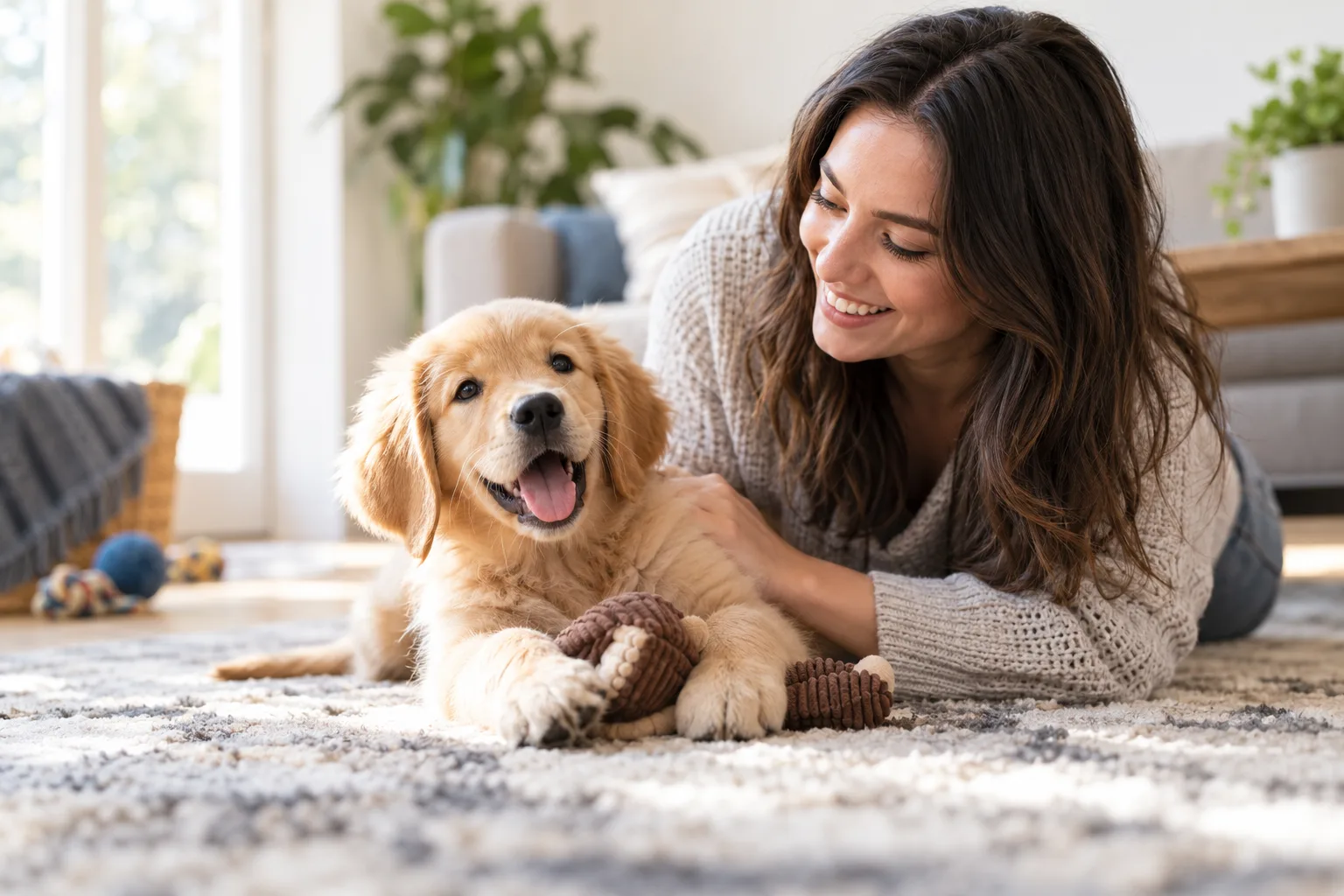 Owner resting beside a dog on a rug